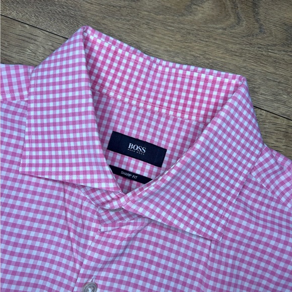 Boss Sharp Fit Pink/White Checked Collared Button Up - Size 17.5 34/35 - Picture 4 of 7